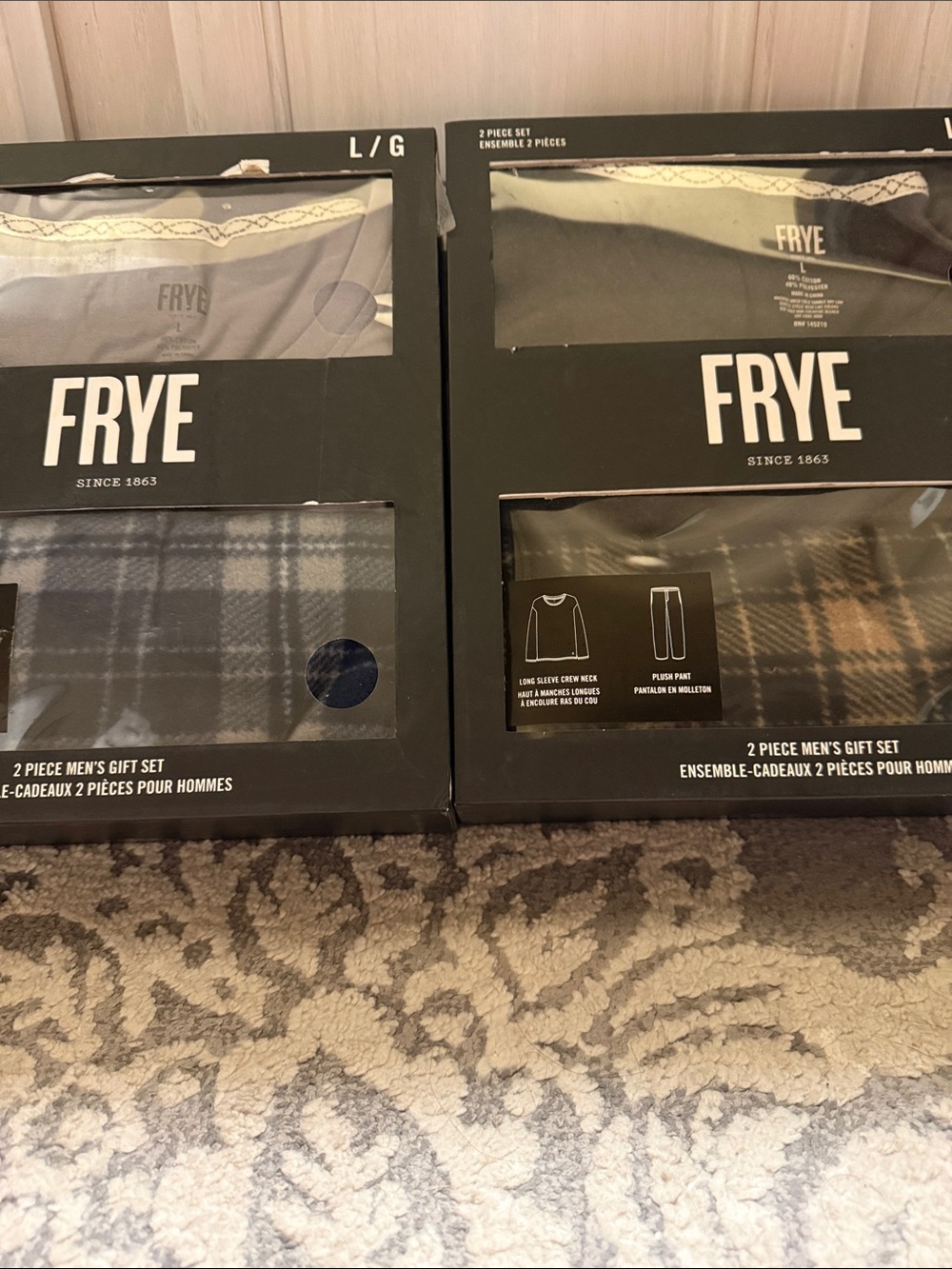 2 Sets FRYE Gray/Black Long Sleeve CrewTops with Blue/Brown Plaid PJ  Pants